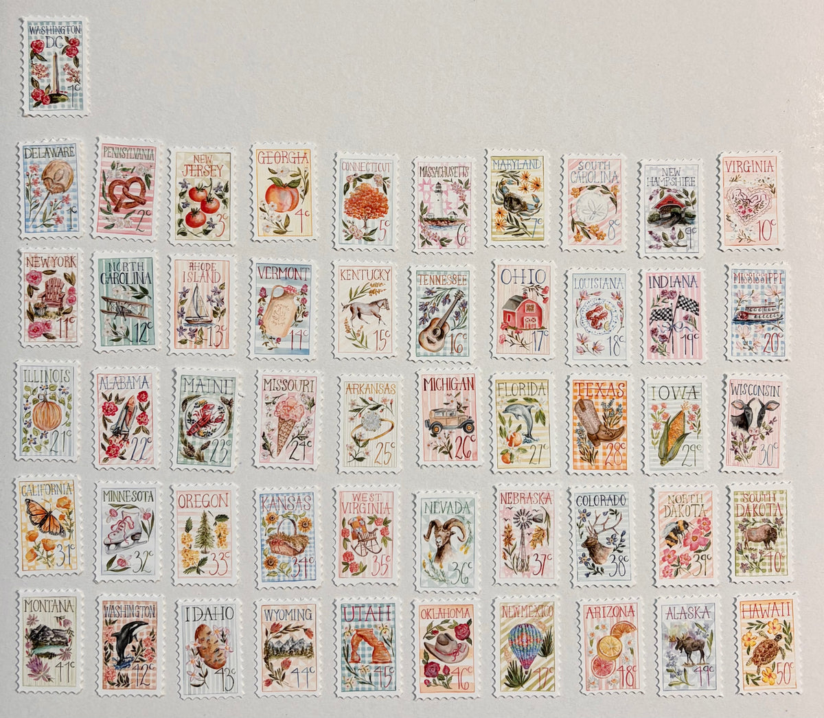 a collection of handpainted postage stamps. more details of each stamp in the item description.