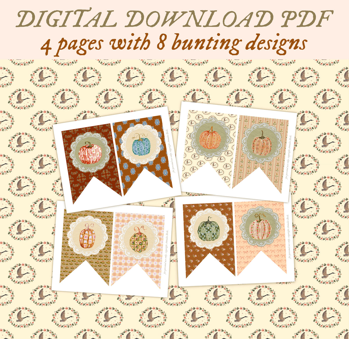 Digital Download Preview. Includes 4 pages with 8 bunting designs of pumpkins.