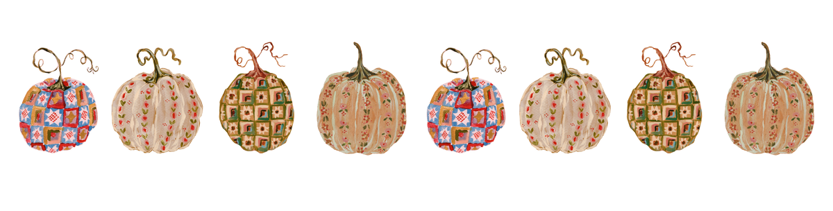 A horizontal row of nine decorative pumpkins with varied patterns and colors, including orange, beige, and multicolor patchwork designs, set against a plain white background.